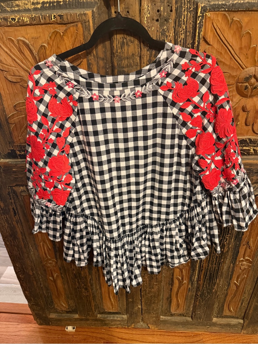 Black & White Gingham Tunic with Red Floral Embroidery